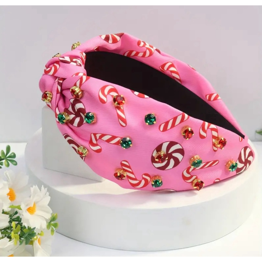 Pink Candy Cane and Peppermint Rhinestone Top Knot Headband